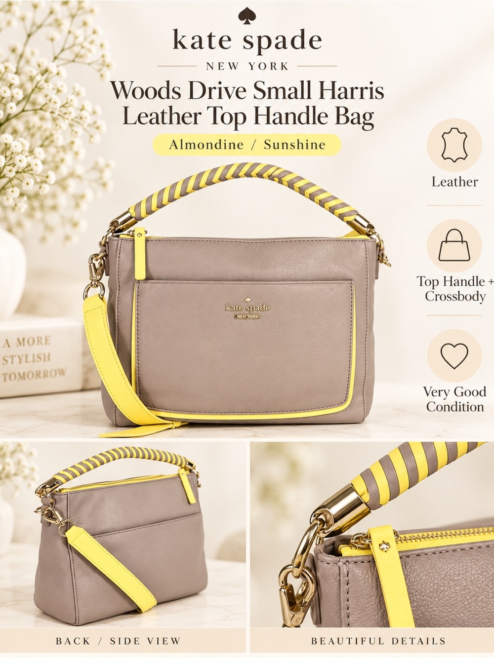 Kate Spade Woods Drive Small Harris Leather Bag Almondine Sunshine